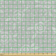 Bitki Parça Kumaş Gri Zeminde Çizgi Detaylı Beyaz Gül Tasarımı