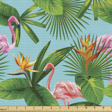 Tropikal Parça Kumaş Mavi Fon Üzerinde Pembe Flamingo Desenli