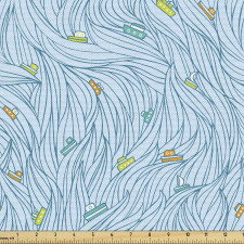 Okyanus Parça Kumaş Dalgalı Deniz Üstünde Minik Gemi Çizimleri