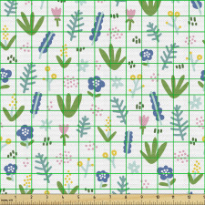 Bitki Parça Kumaş Basit Çizimli İlkbahar Çiçekleri ve Yapraklar