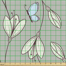 Botanik Parça Kumaş Kıvrımlı Dikey Dallarda Çiçek ve Kelebekler