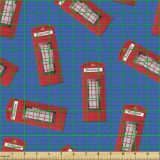 Ülkeler Parça Kumaş Mavi Fon Üzerinde Kırmızı Telefon Kulübesi