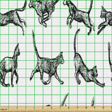 Hayvanlar Parça Kumaş El Çizimi Kedi Desenli Beyaz Antrasit
