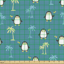 Tropikal Ada Parça Kumaş Egzotik Ağaçlar ve Penguen Minimal
