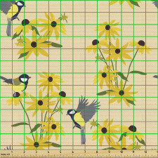 Kuşlar Parça Kumaş Sarı Çiçeklerin Üzerinde Duran Hayvanlar