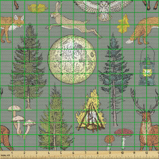 Doğa Parça Kumaş Fener Kamp Ateşi Geyik Ağaç ve Dolunay Çizimi