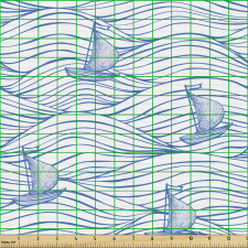 Okyanus Parça Kumaş Kıvrımlı Çizgiler ile Dalgalar ve Gemiler