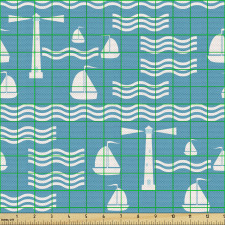 Okyanus Parça Kumaş Kıvrımlı Çizgiler ile Deniz Feneri ve Gemi
