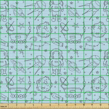 Uzay Parça Kumaş Mavi Fon Üzerinde Astronot ve Yıldız Desenli