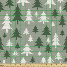 Floral Parça Kumaş Beyaz ve Yeşil Çam Ağaçları Desenli Doğa