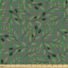 Floral Parça Kumaş Yeşil Daldaki Siyah Zeytin Desenli Yapraklar