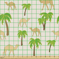 Çöl Parça Kumaş Sade Fonda Palmiye Ağaçları ve Deve Çizimleri