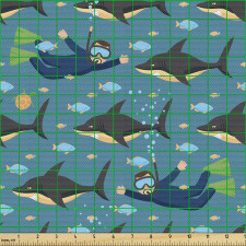 Sualtı Parça Kumaş Karikatür Çizim Dalgıç Köpek Balığı Motifi 