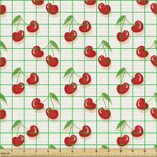 Botanik Parça Kumaş Parlak ve Canlı Kalpli Kirazlar ve Sapları