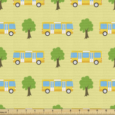 Karikatür Parça Kumaş Sarı Otobüs Açmış Bahar Ağaçları Deseni