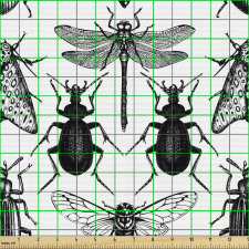 Yusufçuk Parça Kumaş Monokrom Çizimli Farklı Böcek Türleri 