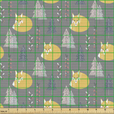 Hayvan Parça Kumaş Soyut Çizim Orman Tilkileri ve Çam Ağaçları