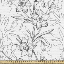 Monokrom Parça Kumaş El Çizimli Klasik Bahar Çiçekleri Dalları 