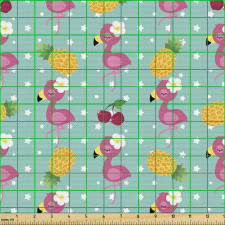 Egzotik Parça Kumaş Mavi Puantiyeli Arka Planda Ananas Flamingo