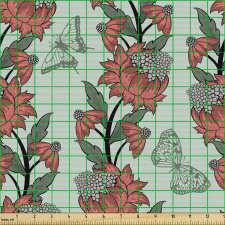 Doğa Parça Kumaş Yapraklı Kırmızı Çiçek ve Kelebek Motifleri