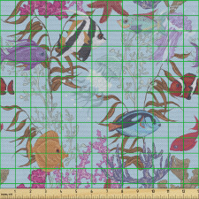 Sualtı Parça Kumaş Denizaltı Yaşamı Temalı Balık Bitki Tasarımı