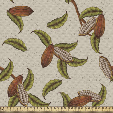 Botanik Parça Kumaş Yapraklı Kakao Bitkisi ve Tohumları Deseni