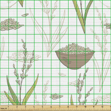 Botanik Parça Kumaş Pirinç Bitkisi ve Tohum Dolu Kaseler Deseni