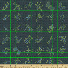 Kelebek Parça Kumaş Koyu Yeşil Fonda Çeşitli Böcek Çizimleri