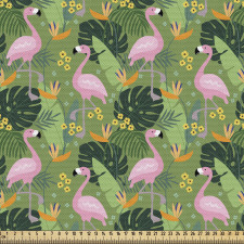 Tropikal Parça Kumaş Flamingo Kuşlar Egzotik Palmiye Yaprakları