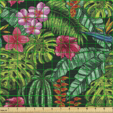Tropikal Parça Kumaş Egzotik Çiçekler Hibiskus Palmiyeler