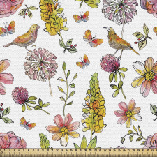 Bahar Parça Kumaş Rengarenk Taze Kır Çiçekleri Kuşlar Çizimi 