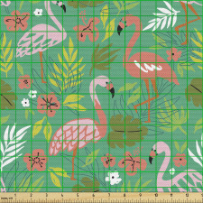 Doğa Parça Kumaş Eğlenceli ve Sevimli Flamingolar ile Yapraklar