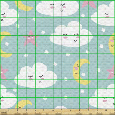 Gece Parça Kumaş Uyuyan Tatlı Bulutlar Ay Dede Yıldız Motifleri
