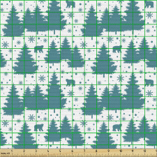 Orman Parça Kumaş Kış Temasında Silüetler Ayı ve Çam Ağaçları