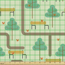 Doğa Parça Kumaş Park Temalı Ağaçlar Sincaplar Banklar Deseni