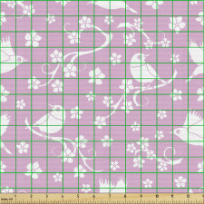 Floral Parça Kumaş Mor Fon Üstünde Beyaz Sakura ve Daldaki Kuş