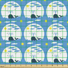 Manzara Parça Kumaş Su Fışkırtan Balina ile Güneşli Gökyüzü