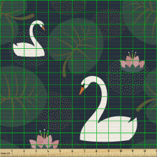 Doğa Parça Kumaş Nilüfer Çiçekleri Arasında Yüzen Kuğu Çizimi
