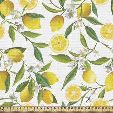 Meyveler Parça Kumaş Sarı Limon Yeşil Yaprak