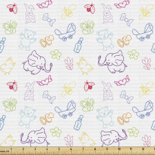 Çok Renkli   Parça Kumaş Beyaz Fon Üzerinde Çizgisel Sevimli Hayvanlar