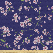 Bitki Parça Kumaş Lacivert Zeminde Japon Çiçekleri Temalı Afiş
