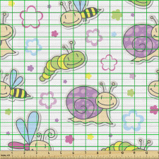 Hayvan Parça Kumaş Çizgili Zeminde Çiçek Arı Tırtıl Çizimleri