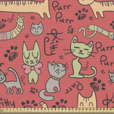 Hayvan Parça Kumaş Kırmızı Arka Planda Kedi Çizimli Yazılı Afiş