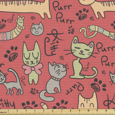 Hayvan Parça Kumaş Kırmızı Arka Planda Kedi Çizimli Yazılı Afiş