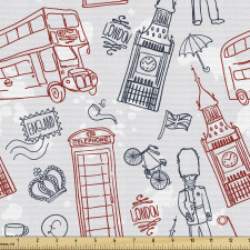 İngiltere Parça Kumaş Londra Şehri Temalı El Çizimi Figürler
