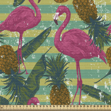 Tropikal Parça Kumaş Eskitilmiş Fonda Flamingolar ve Ananaslar