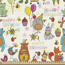 Parti Parça Kumaş Doğum Günü Kutlayan Çeşitli Hayvan Çizimleri