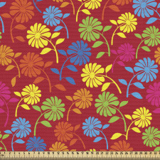 Bitki Parça Kumaş Kırmızı Zeminde Rengarenk Çiçekli Poster