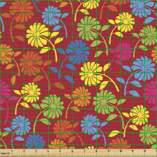 Bitki Parça Kumaş Kırmızı Zeminde Rengarenk Çiçekli Poster