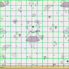 Çocuk Parça Kumaş Beyaz Fon Üzerindeki Pembe Etekli Şirin Kedi